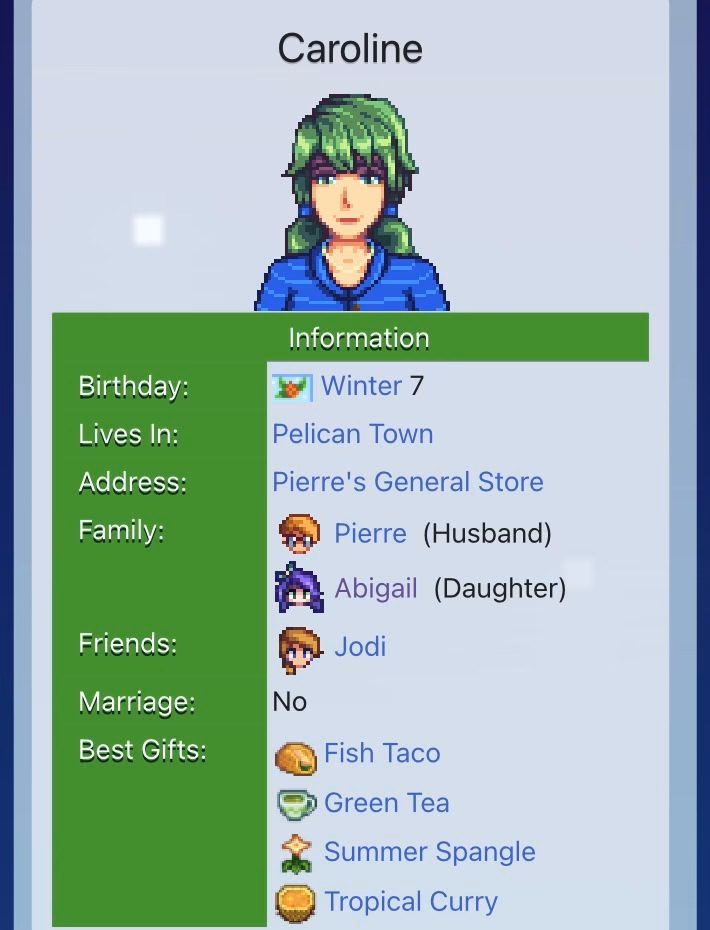What are Caroline's relationships in Stardew Valley?