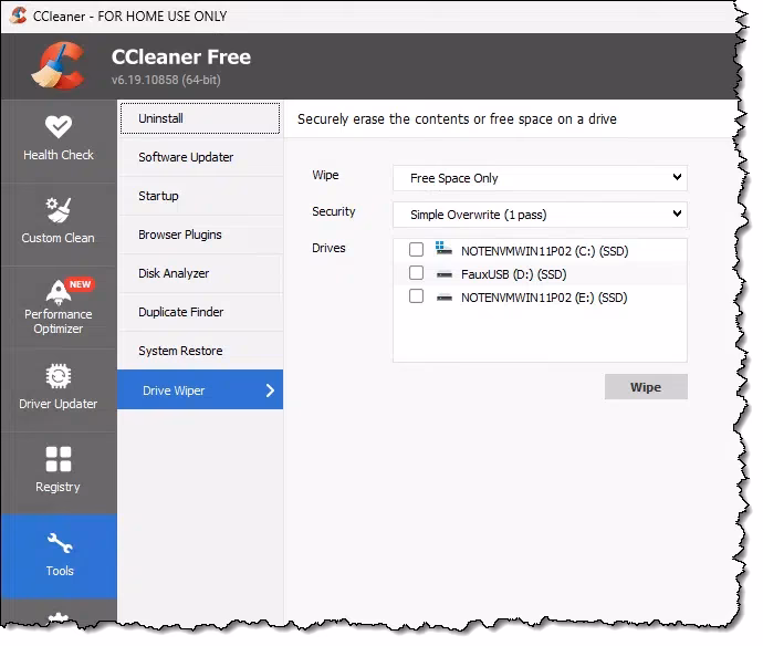 How do I wipe a hard drive in CCleaner?