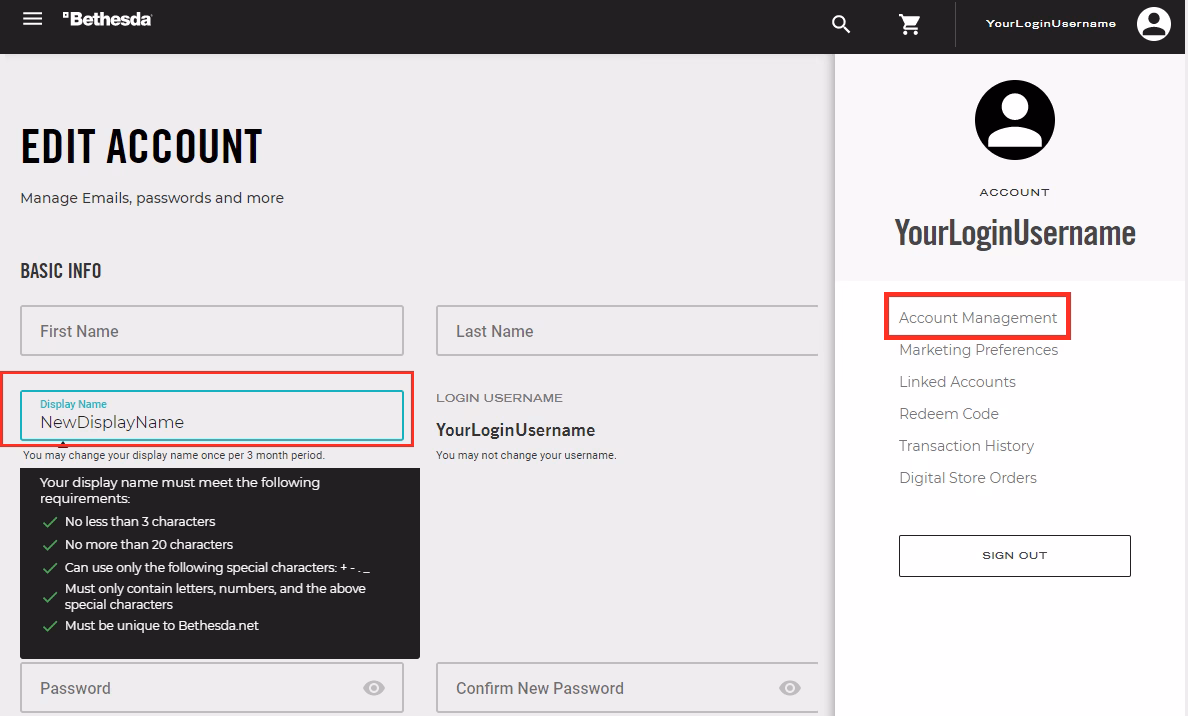 How do I edit my Bethesda account?