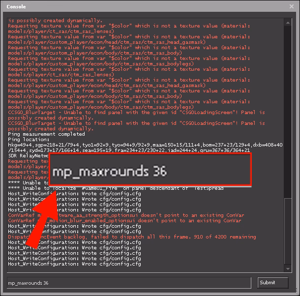 How do I set a CSGO MP_maxrounds command?