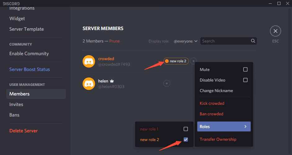 How do I remove a role from a Discord server?