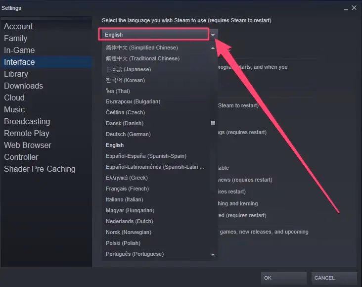 What is the steam language setting?