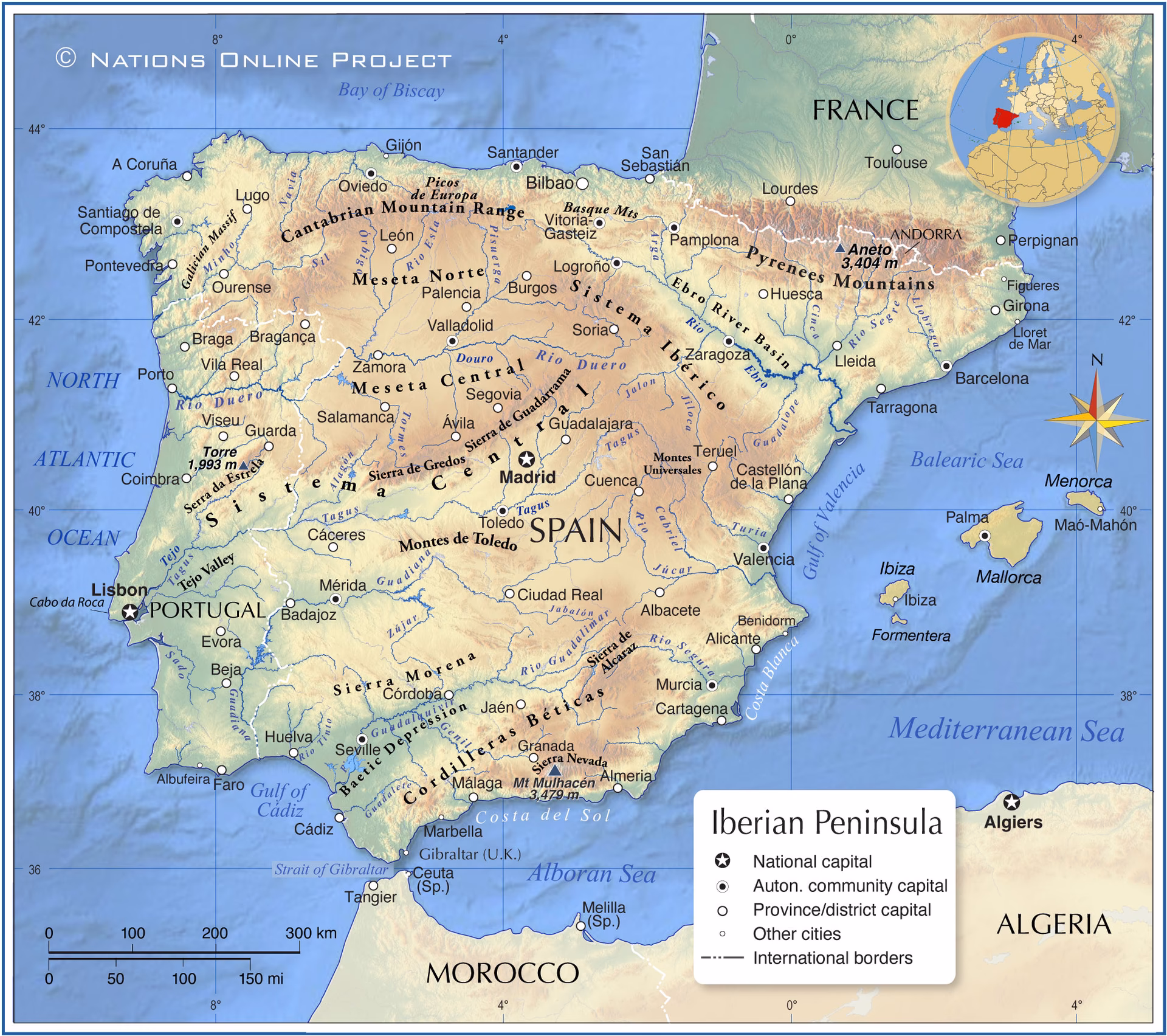 What are the physical features of Portugal in the Iberian Peninsula?