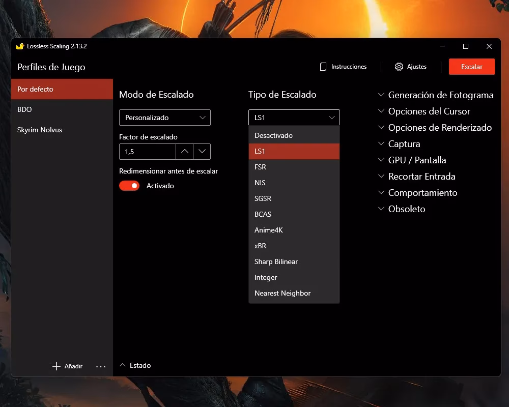 ¿Cuál es la configuración más difícil de Lossless scaling?