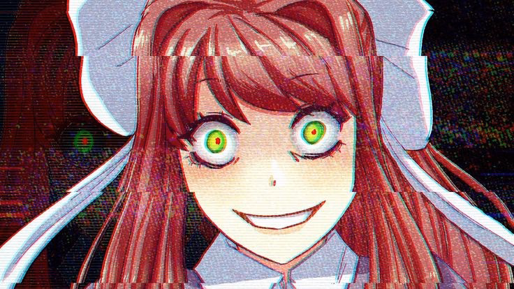 Is Monika scared from her reflection in the mirror?