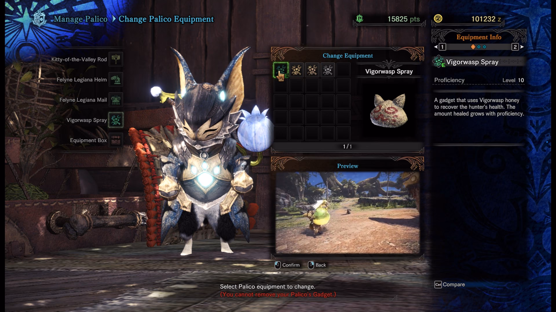 What equipment does Palico have in Monster Hunter World?
