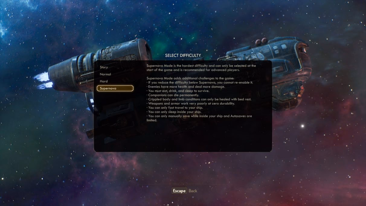 What is the supernova difficulty guide for the outer worlds?