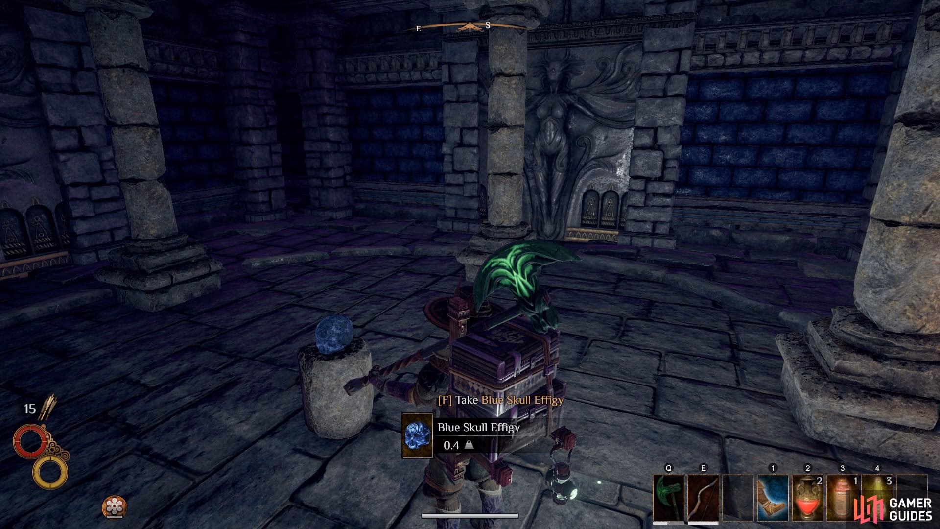 Where can I find a blue skull effigy?