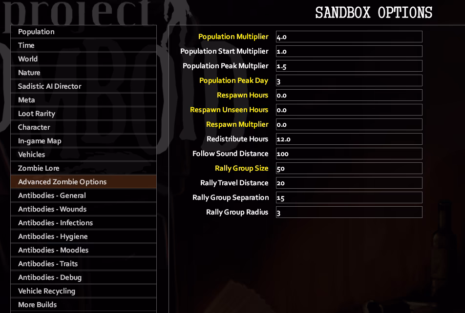 What are the sandbox settings in Project Zomboid?