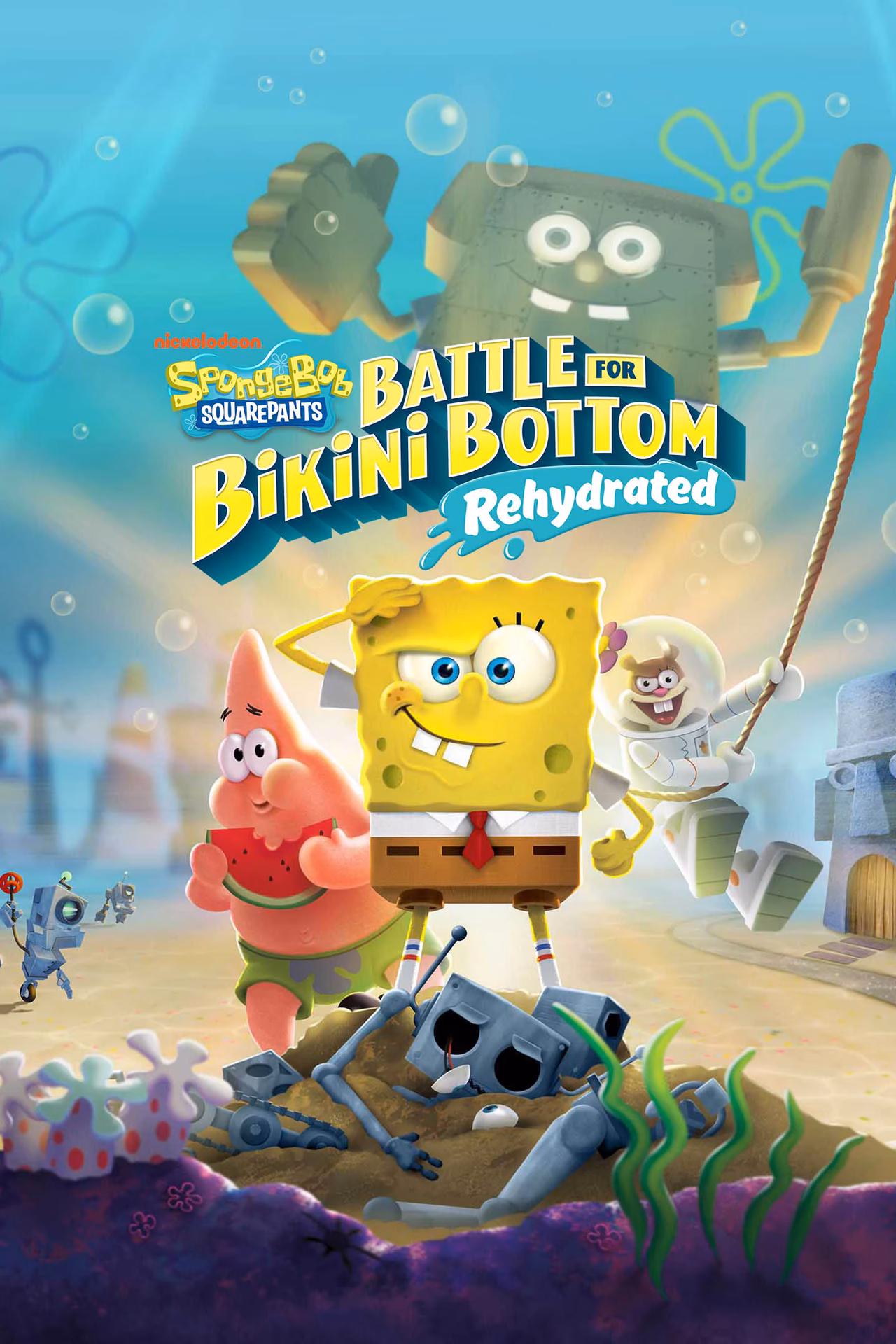 How does SpongeBob stop the robots from destroying Bikini Bottom?