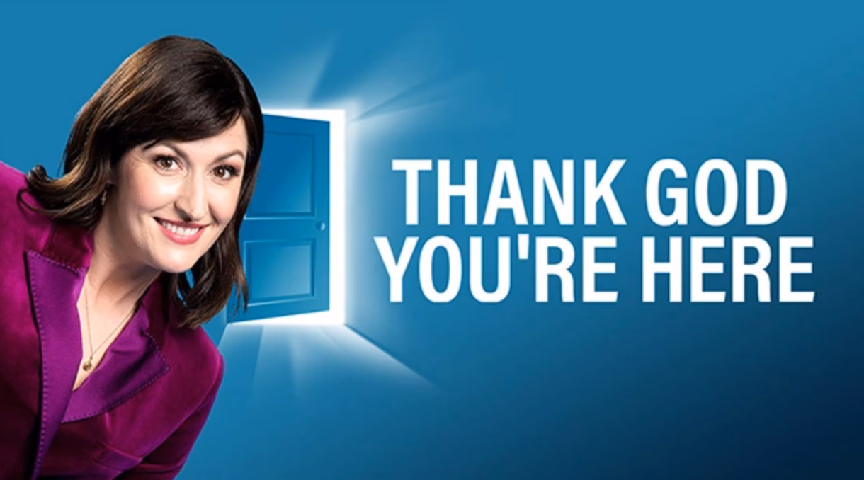 Who steps through the Blue Door on 'Thank God You're Here'?