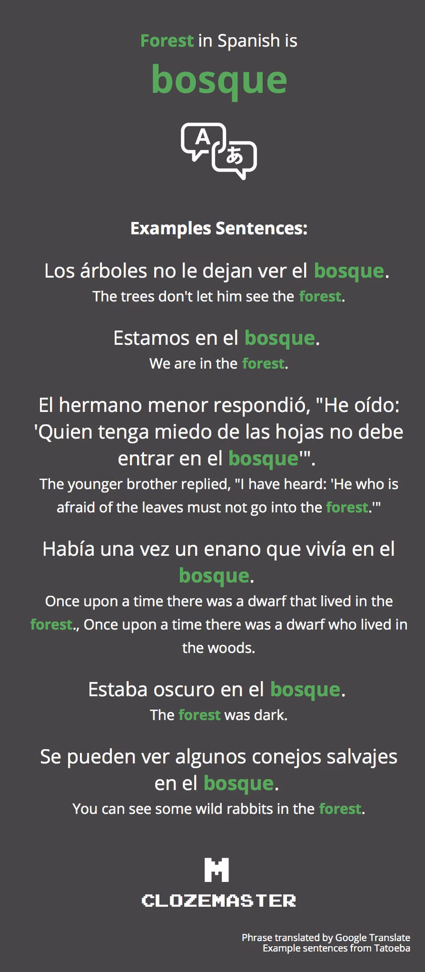 Where can I find a translation of 'forest'?