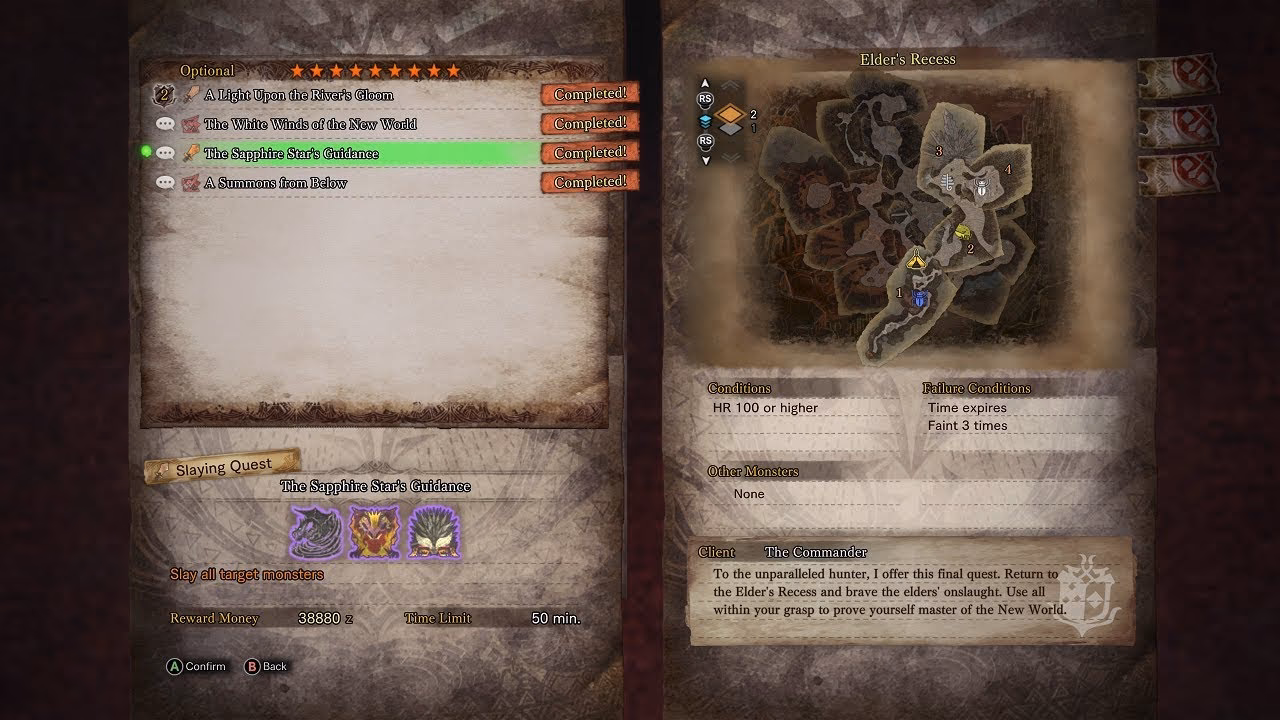 What is the Sapphire star's guidance in Monster Hunter World?