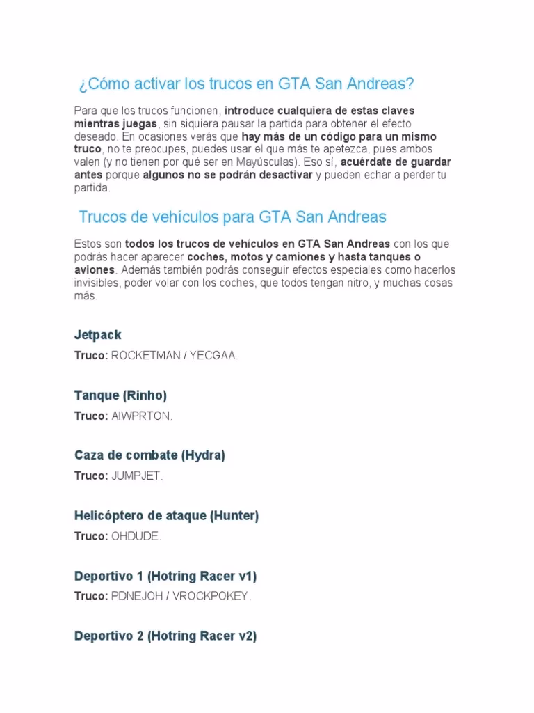 ¿Cómo se activan los trucos en GTA San Andreas?