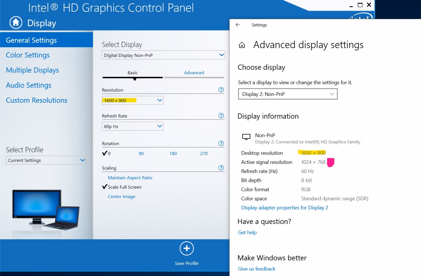 What is the difference between desktop resolution and active signal resolution?