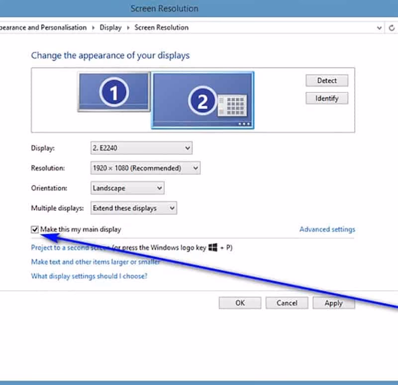 How to set a monitor as a main display Windows 10?