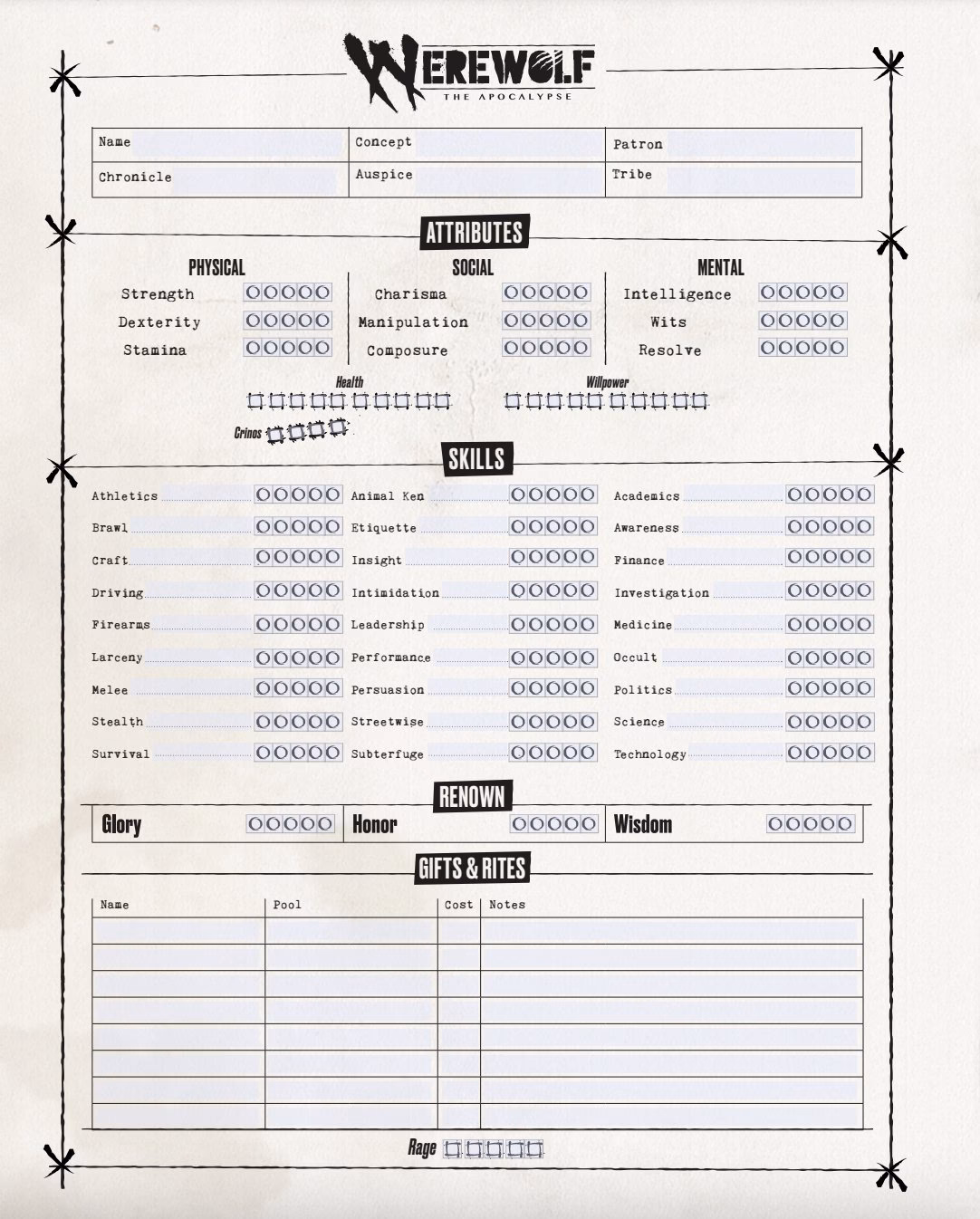 What is world of Darkness character sheet?