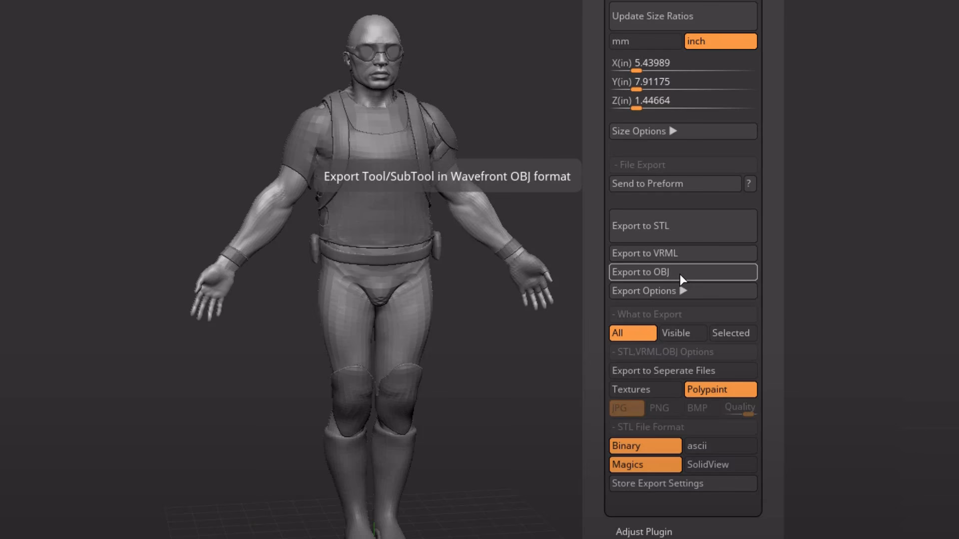 How do I export a model from ZBrush?